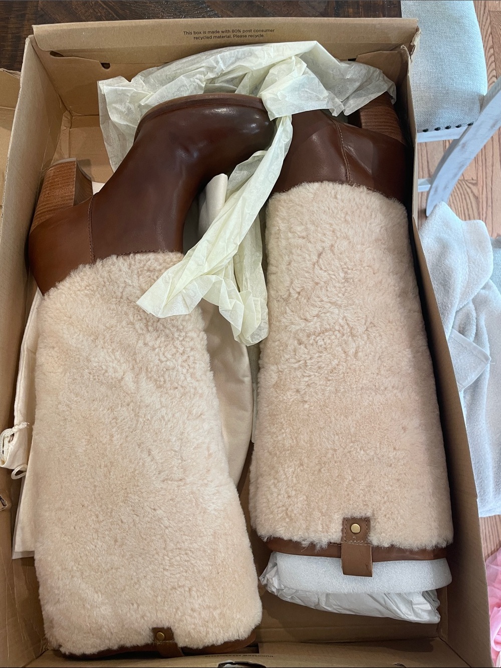 UGG Brown Leather Knee-High Boots with Cream Shearling
